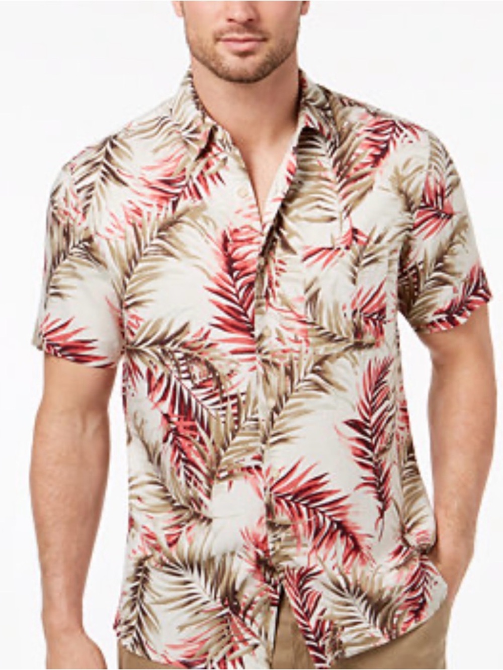 Tasso Elba Short-Sleeve Tropical Print Shirt - Red & Tan on Cream